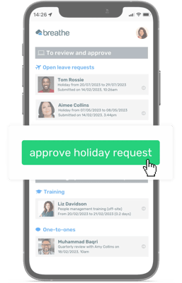 Breathe on mobile showing HR dashboard and an approve holiday request pop up 